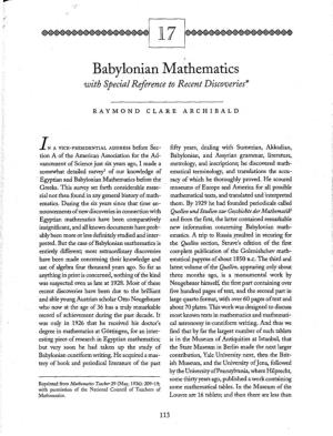Babylonian Mathematics with Special Reference to Recent Discoveries*