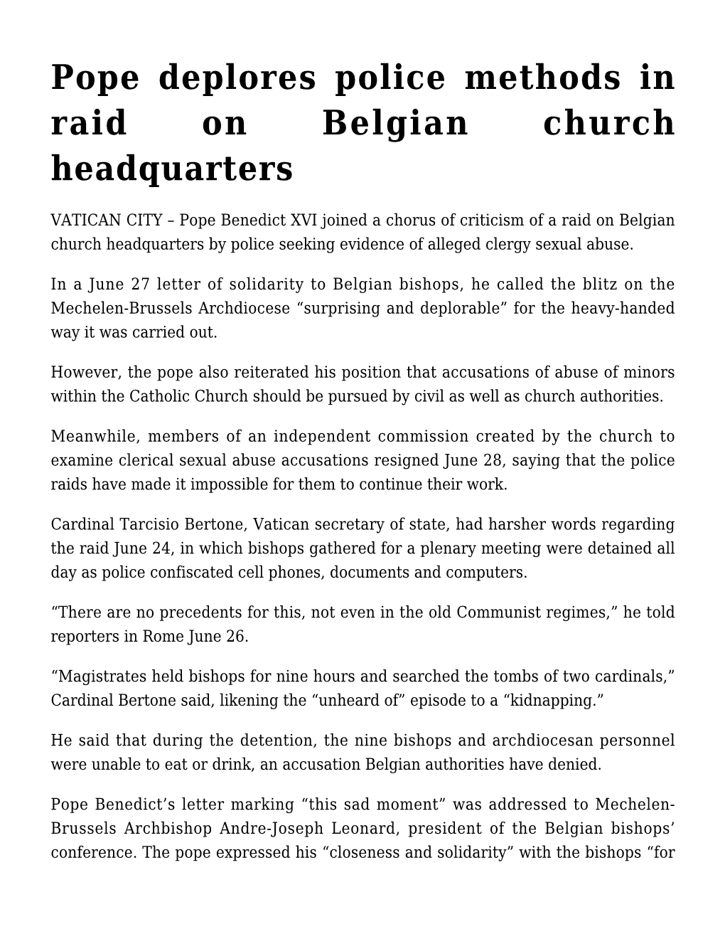 Pope Deplores Police Methods in Raid on Belgian Church Headquarters