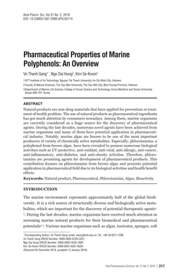 Pharmaceutical Properties of Marine Polyphenols: an Overview Vo Thanh Sang1*, Ngo Dai Hung2, Kim Se-Kwon3