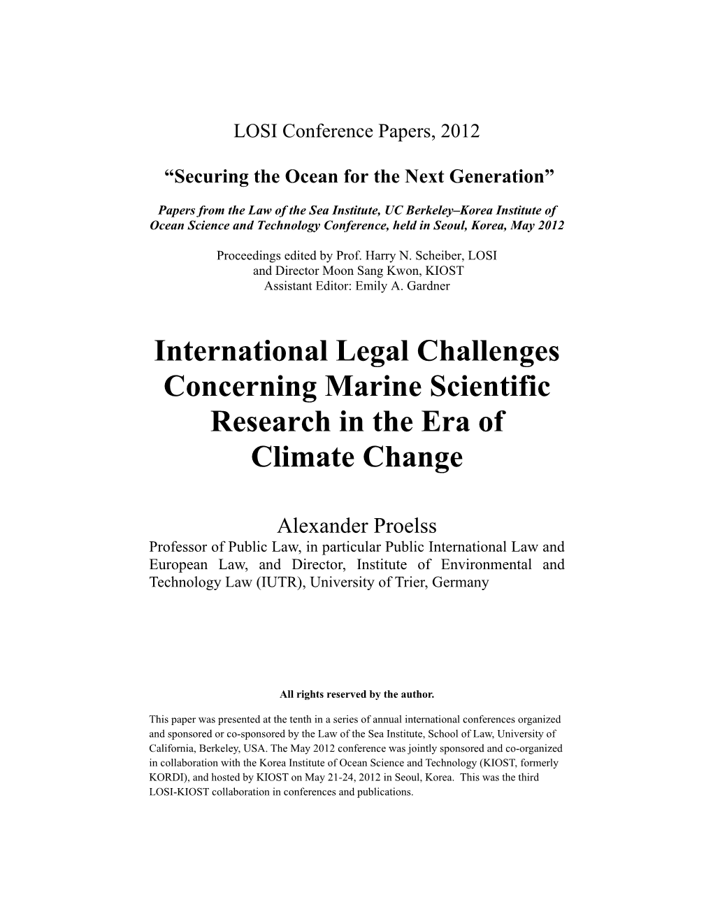 International Legal Challenges Concerning Marine Scientific Research in the Era of Climate Change