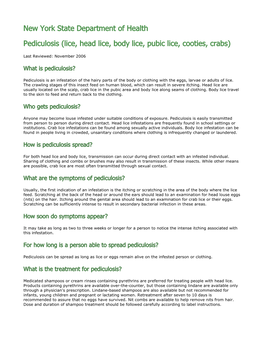 Pediculosis (Lice, Head Lice, Body Lice, Pubic Lice, Cooties, Crabs) Fact Sheet