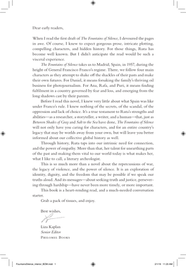 Dear Early Readers, When I Read the First Draft of the Fountains of Silence, I Devoured the Pages in Awe. of Course, I Knew to E