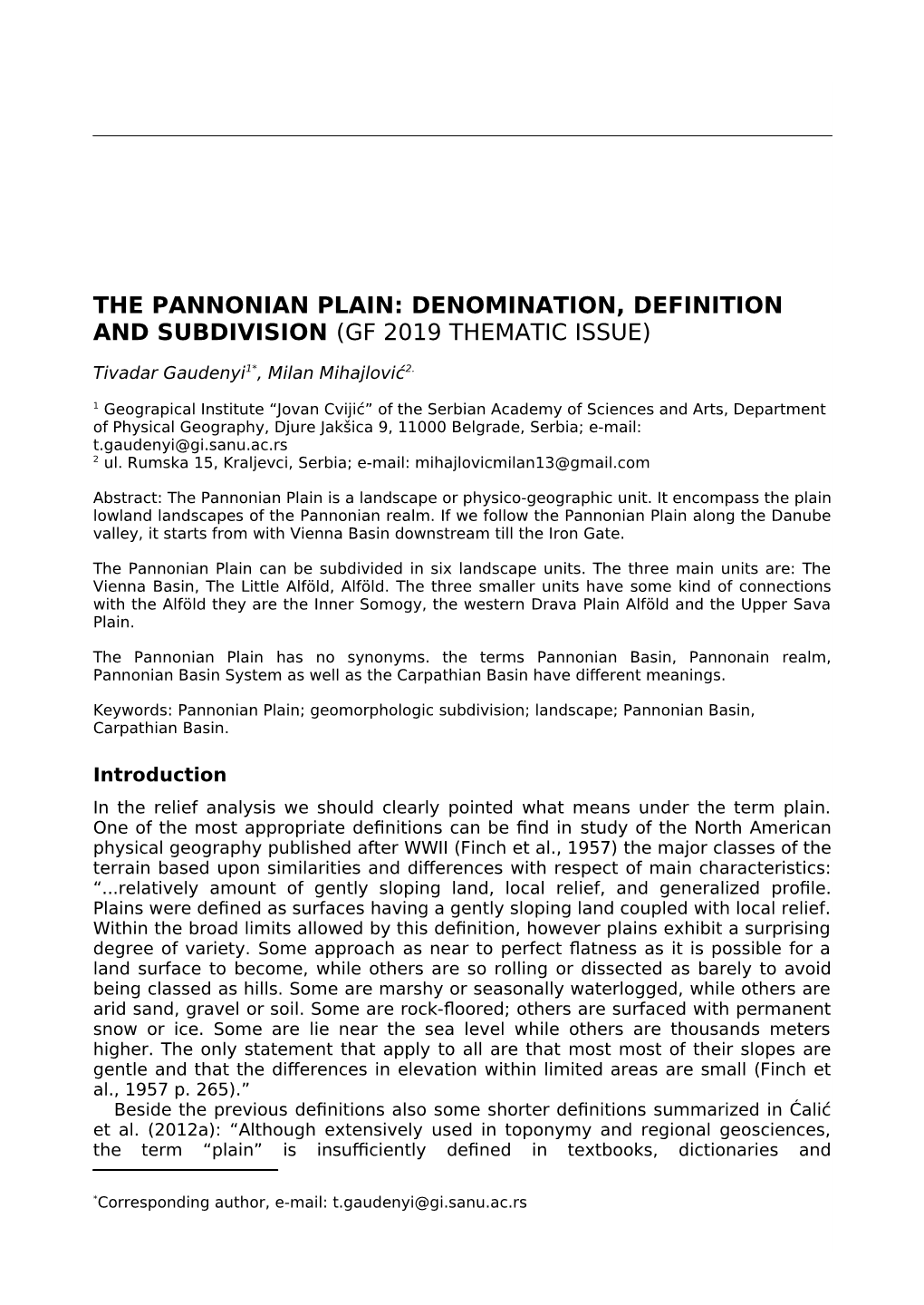 The Pannonian Plain: Denomination, Definition and Subdivision (Gf 2019 Thematic Issue)