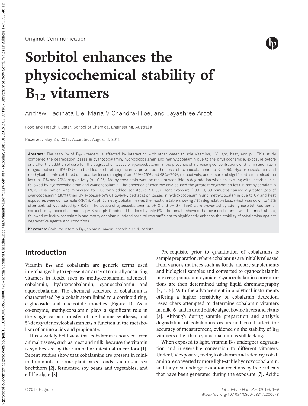 Sorbitol Enhances the Physicochemical Stability of B12