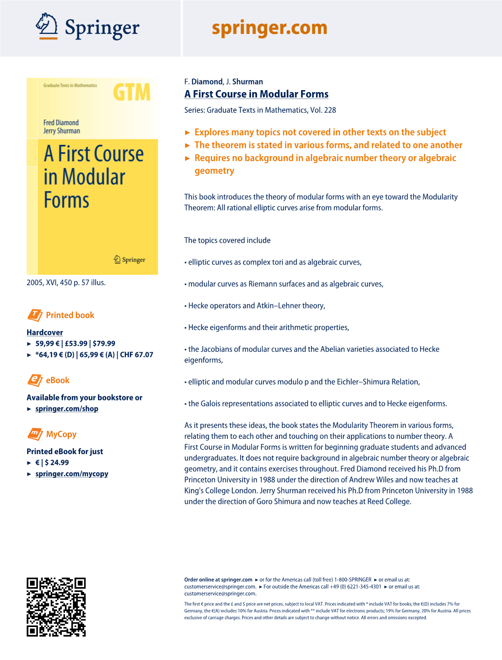 F. Diamond, J. Shurman a First Course in Modular Forms Series: Graduate Texts in Mathematics, Vol