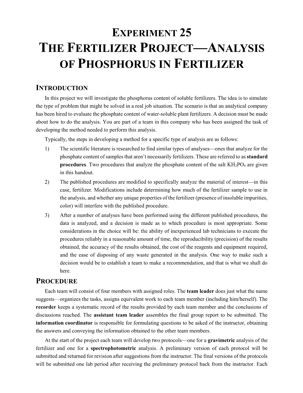 Experiment 25 the Fertilizer Project—Analysis of Phosphorus in Fertilizer