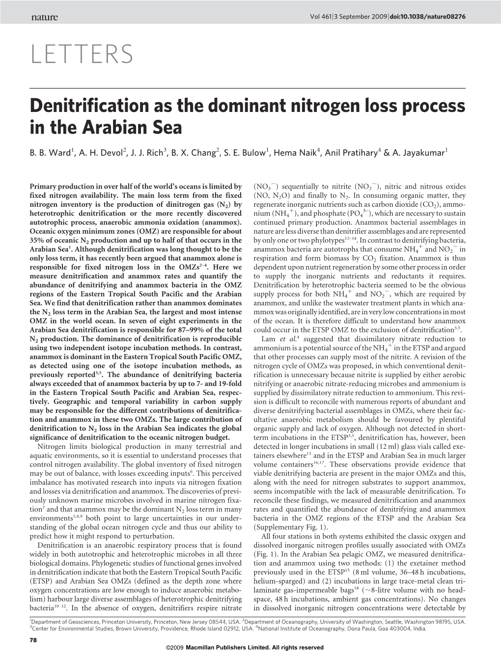 Denitrification As the Dominant Nitrogen Loss Process in the Arabian Sea