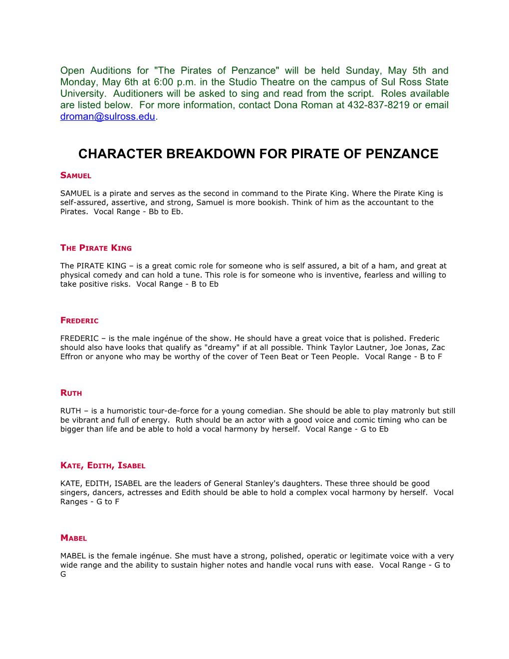 Open Auditions for the Pirates of Penzance Will Be Held Sunday, May 5Th and Monday, May