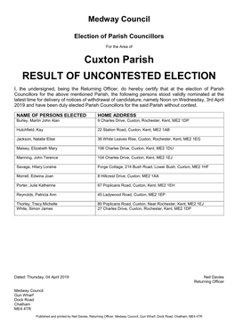 Cuxton Parish RESULT of UNCONTESTED ELECTION