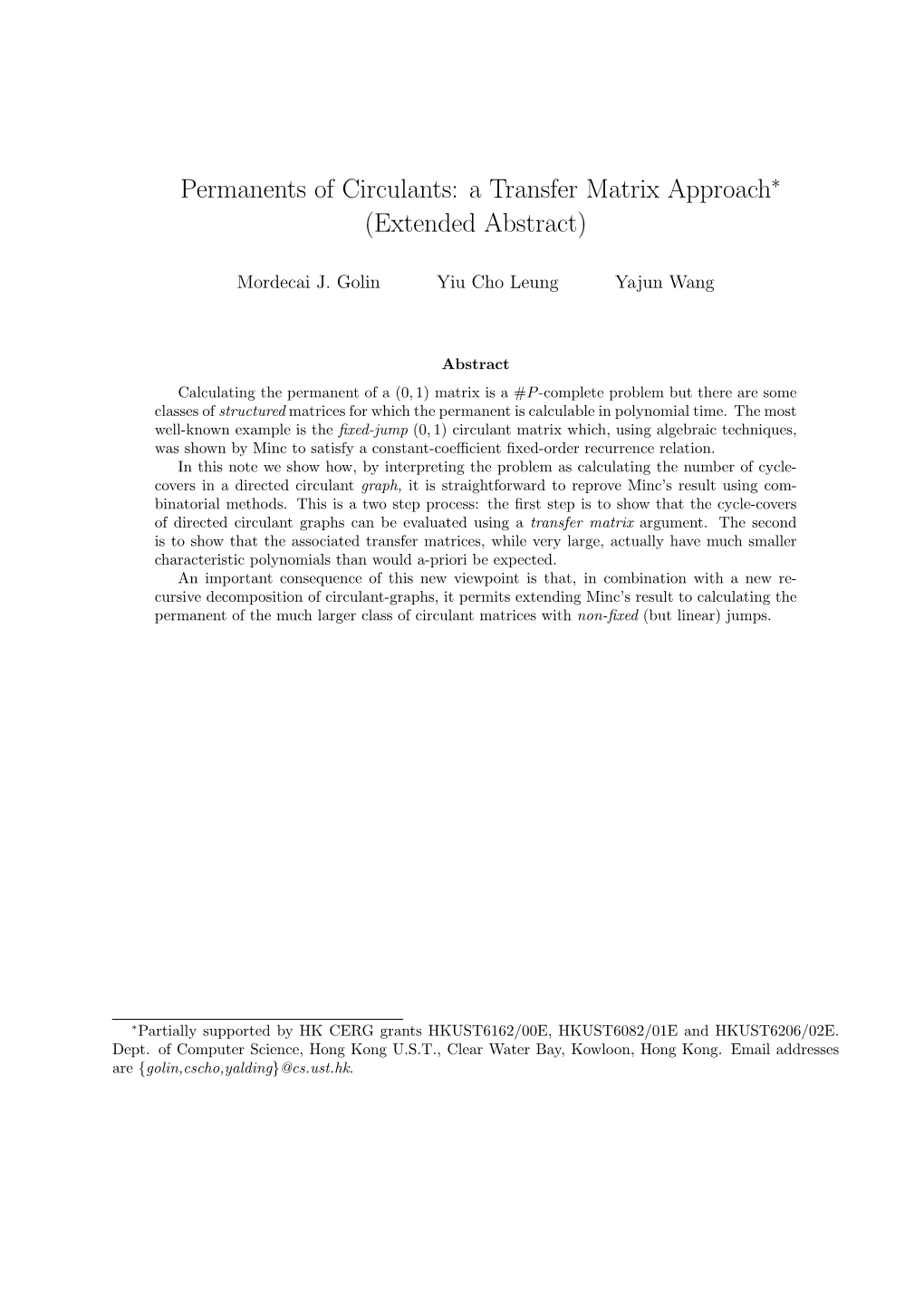 Permanents of Circulants: a Transfer Matrix Approach∗ (Extended Abstract)