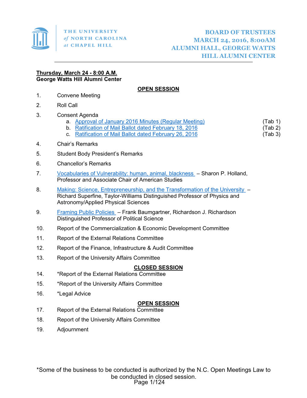 Full Board Meeting on Thursday, March 24, 2016