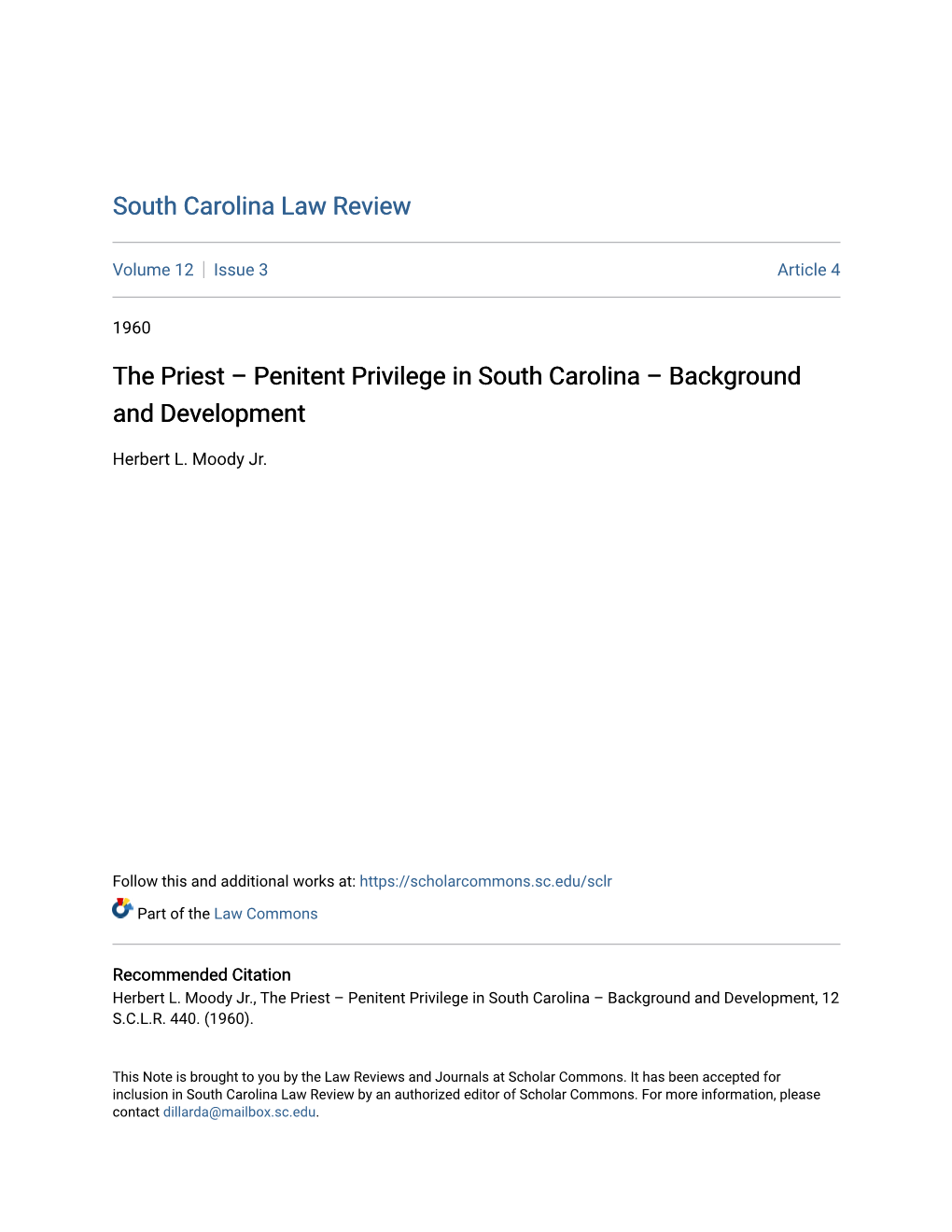 The Priest – Penitent Privilege in South Carolina – Background and Development