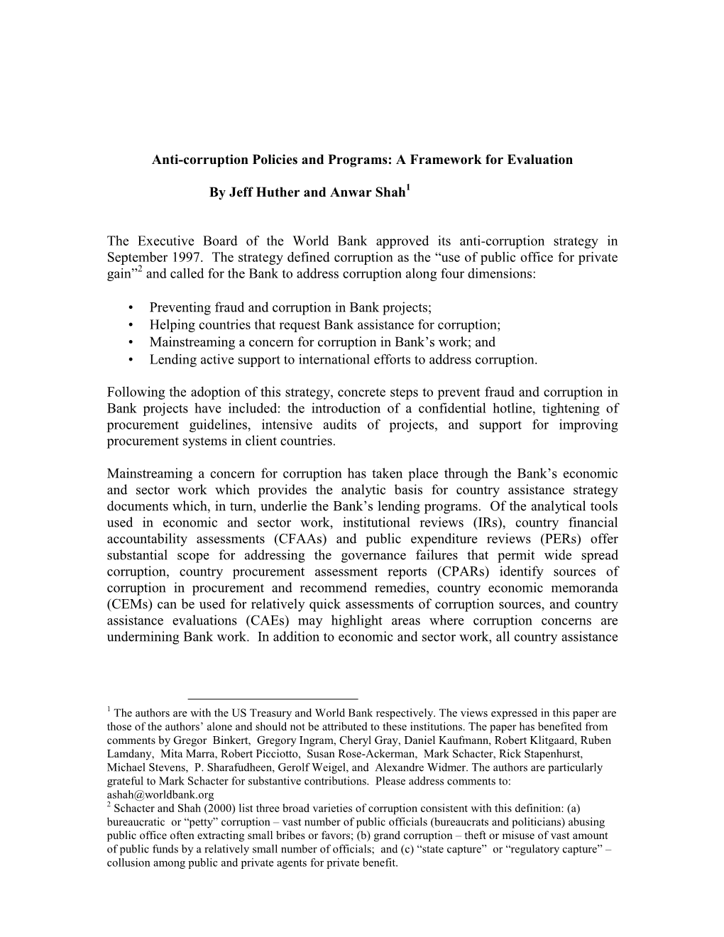 Anti-Corruption Policies and Programs: a Framework for Evaluation