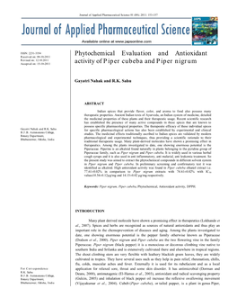 Phytochemical Evaluation and Antioxidant Activity of Piper Cubeba