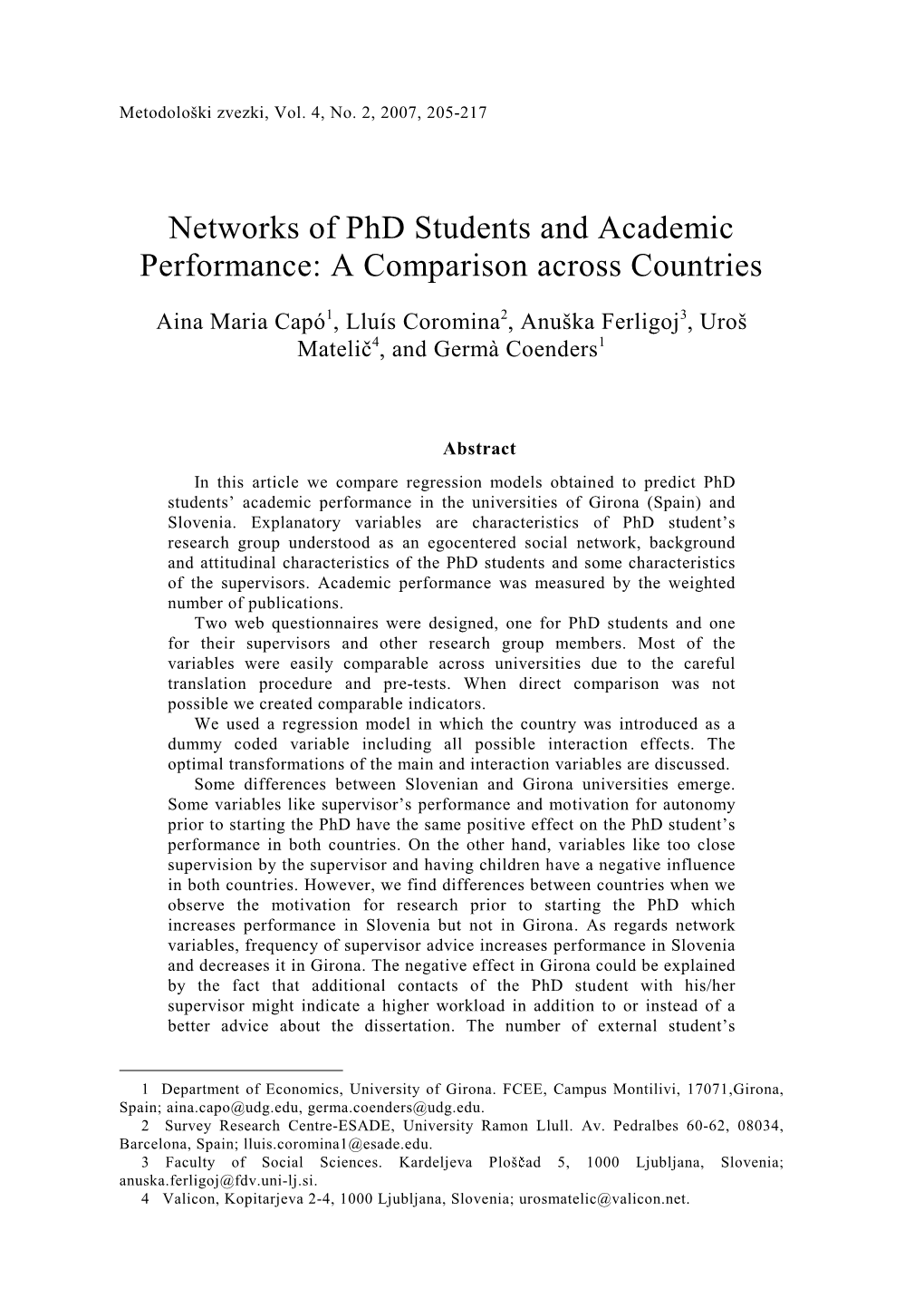 Networks of Phd Students and Academic Performance: a Comparison Across Countries