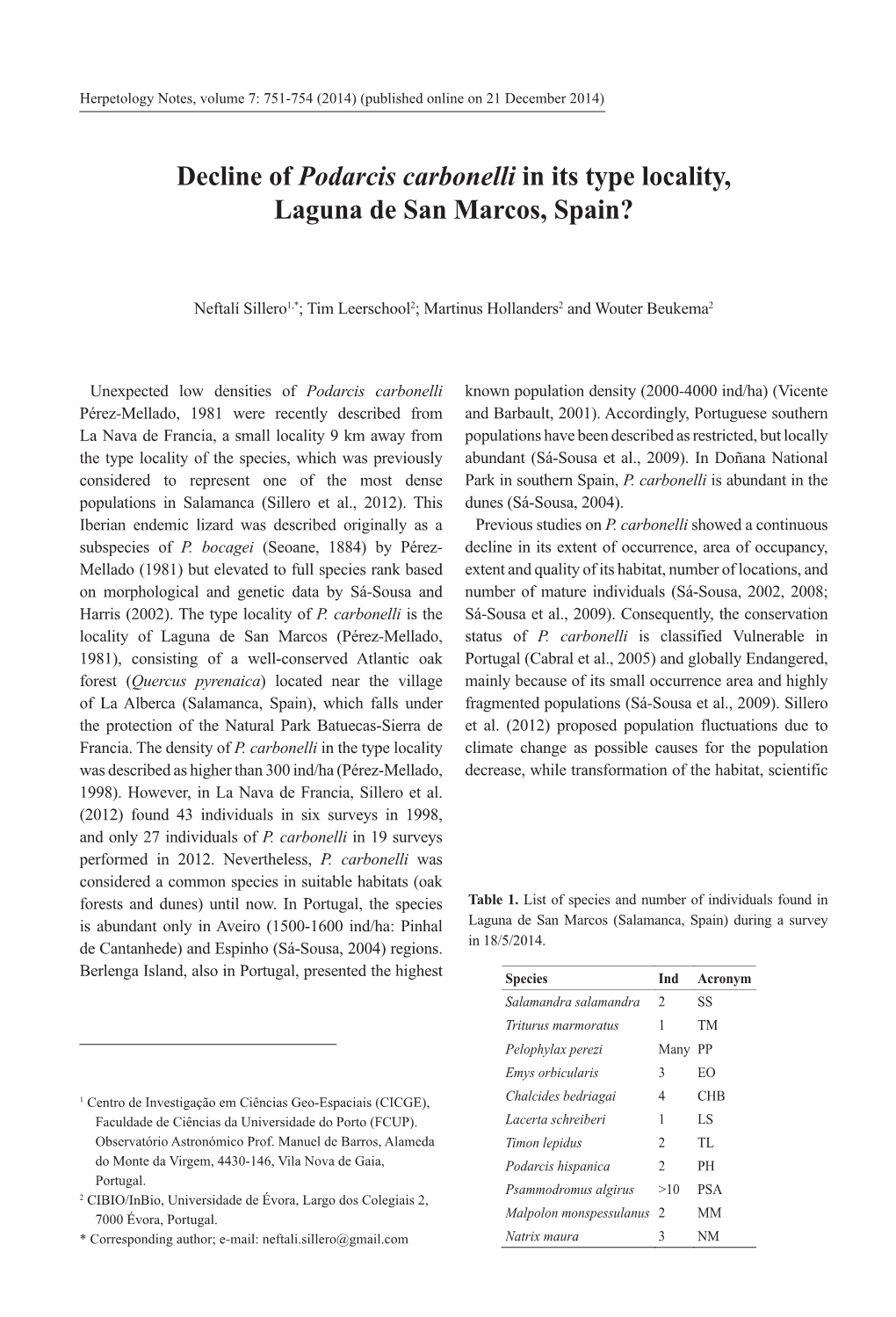 Decline of Podarcis Carbonelli in Its Type Locality, Laguna De San Marcos, Spain?