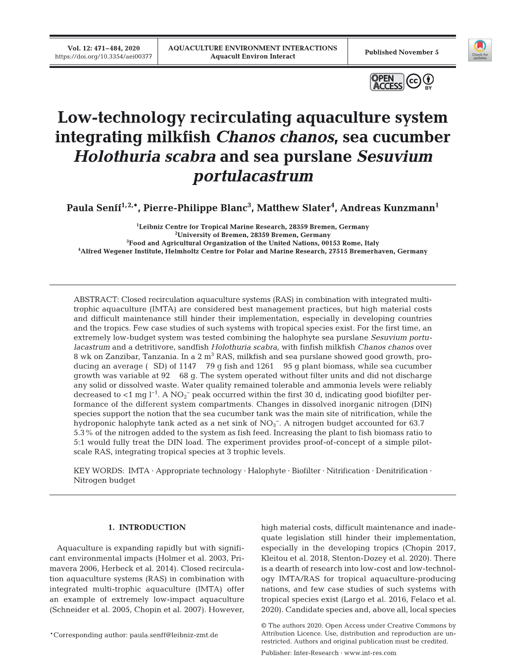 Low-Technology Recirculating Aquaculture System Integrating Milkfish Chanos Chanos, Sea Cucumber Holothuria Scabra and Sea Purslane Sesuvium Portulacastrum