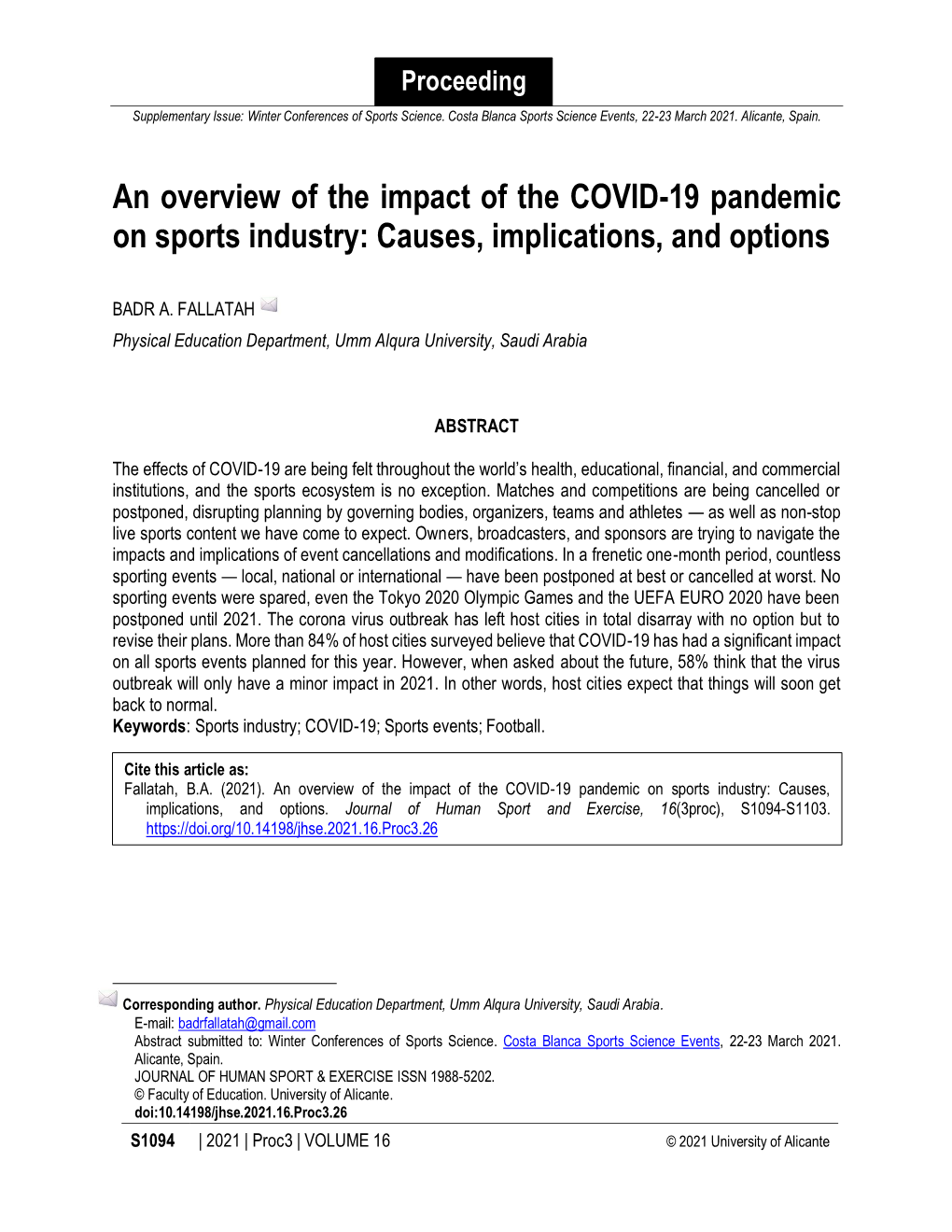 An Overview of the Impact of the COVID-19 Pandemic on Sports Industry: Causes, Implications, and Options