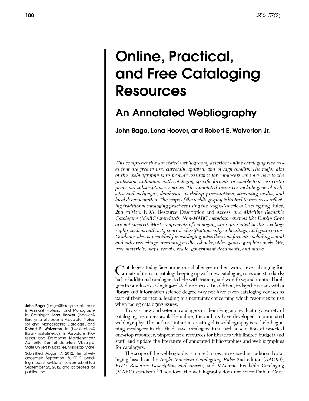 Online, Practical, and Free Cataloging Resources an Annotated Webliography