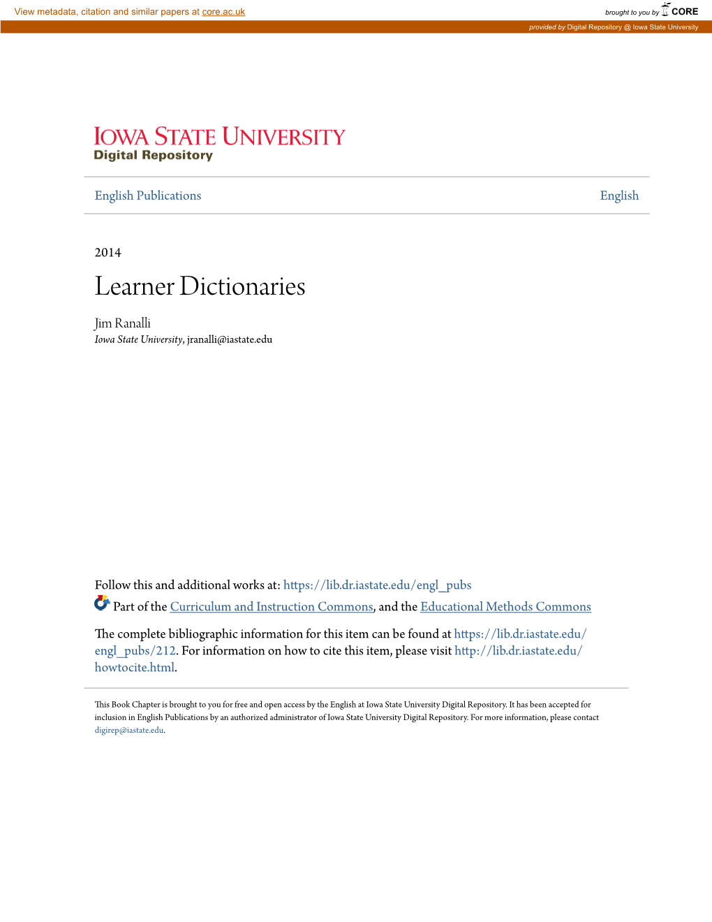 Learner Dictionaries Jim Ranalli Iowa State University, Jranalli@Iastate.Edu