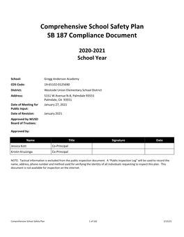 Comprehensive School Safety Plan SB 187 Compliance Document