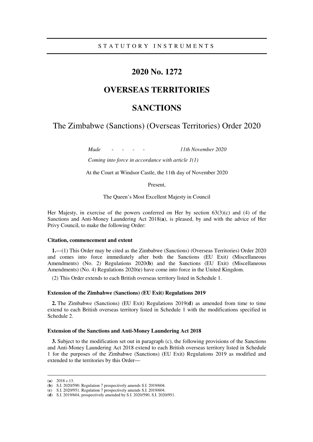 The Zimbabwe (Sanctions) (Overseas Territories) Order 2020