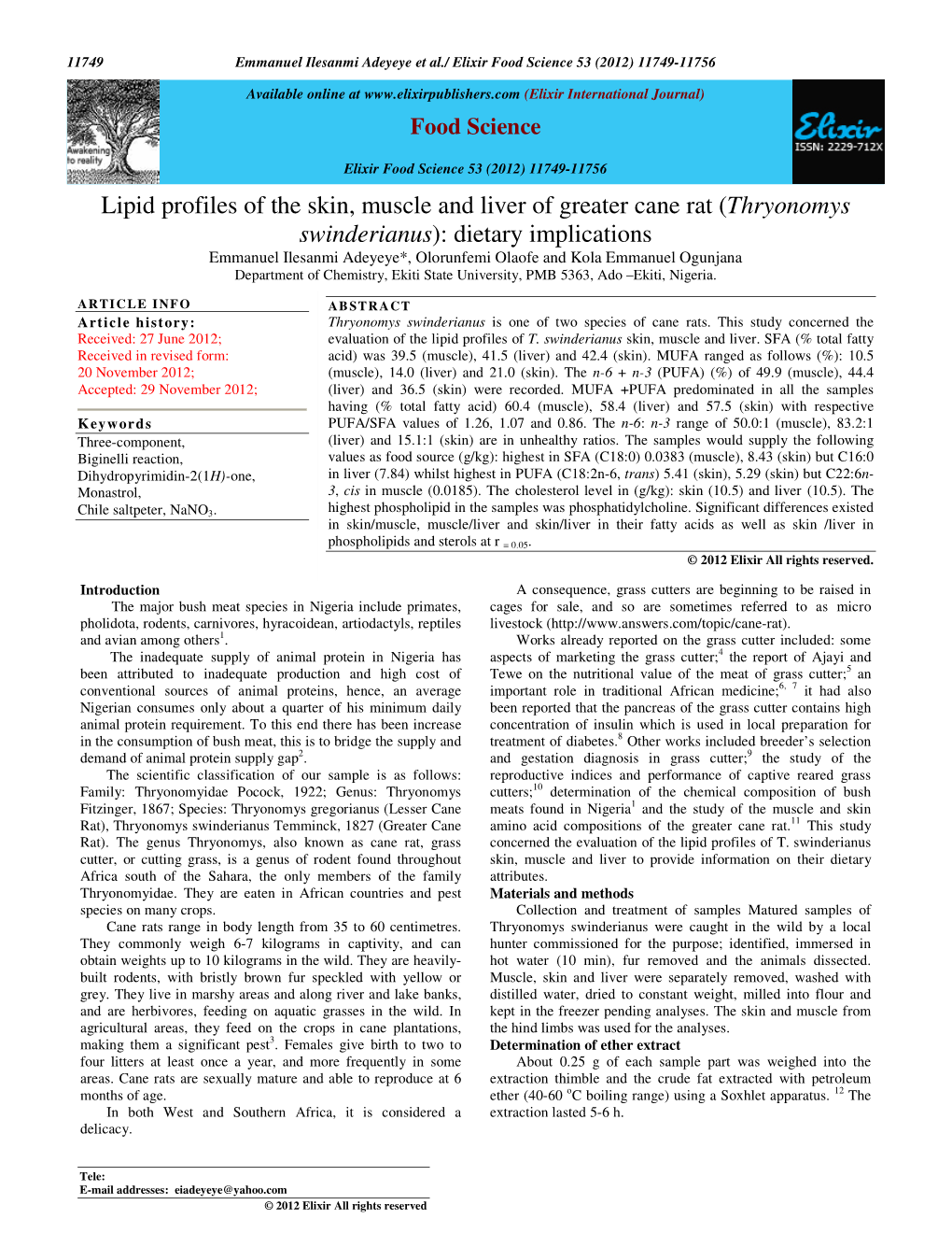 Lipid Profiles of the Skin, Muscle and Liver of Greater Cane Rat