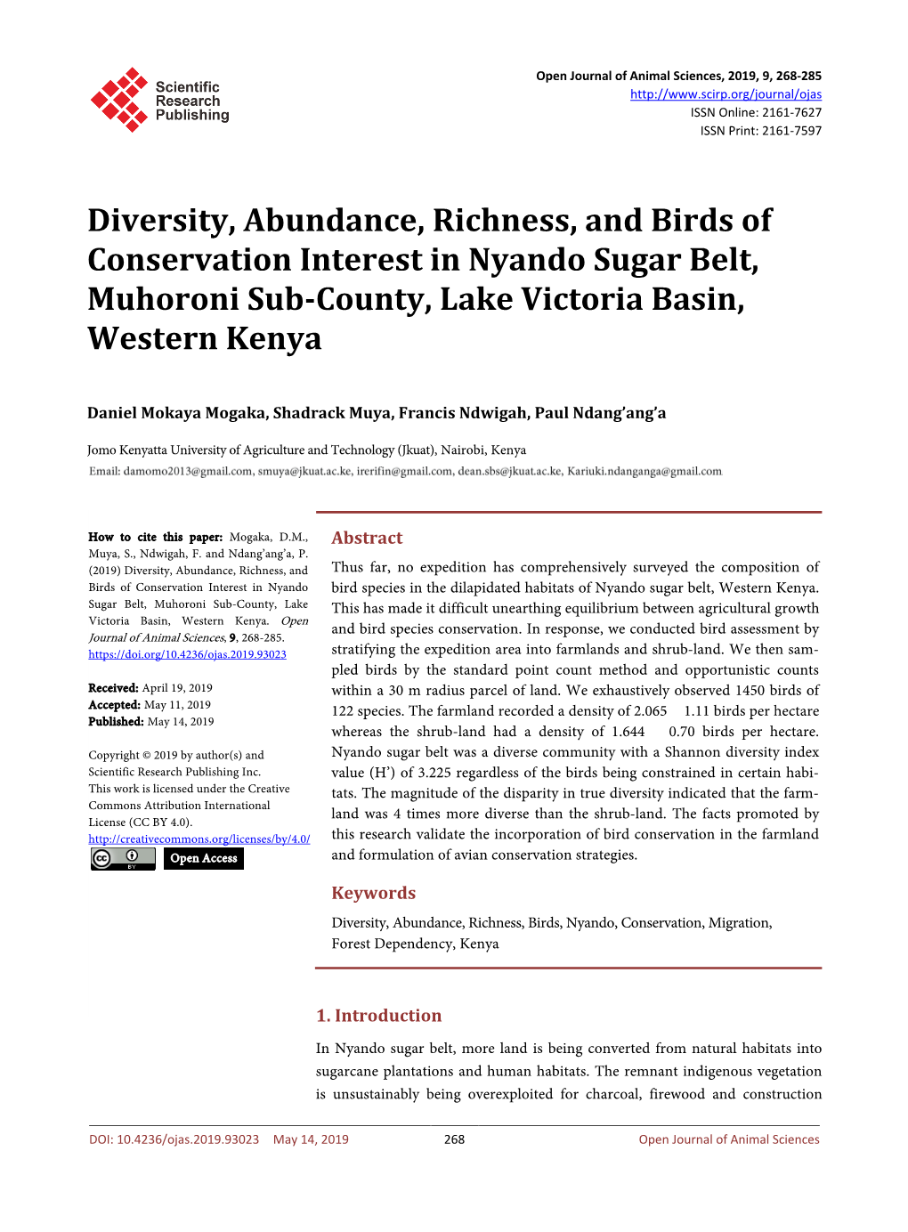Diversity, Abundance, Richness, and Birds of Conservation Interest in Nyando Sugar Belt, Muhoroni Sub-County, Lake Victoria Basin, Western Kenya