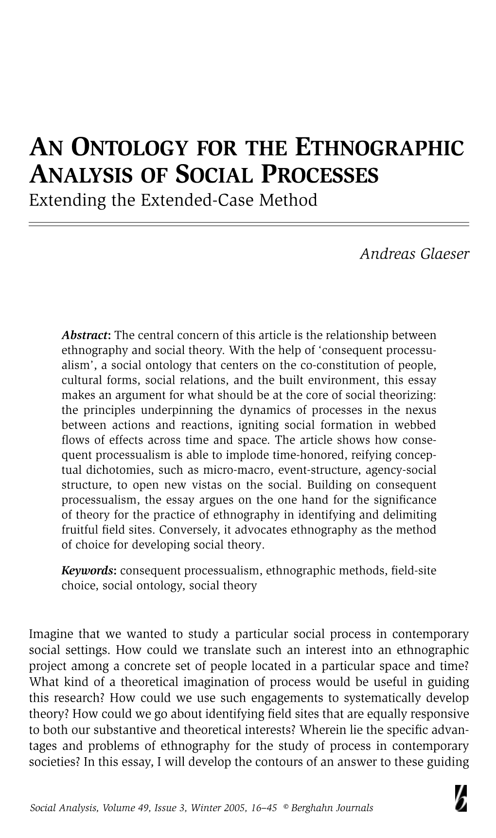 AN ONTOLOGY for the ETHNOGRAPHIC ANALYSIS of SOCIAL PROCESSES Extending the Extended-Case Method