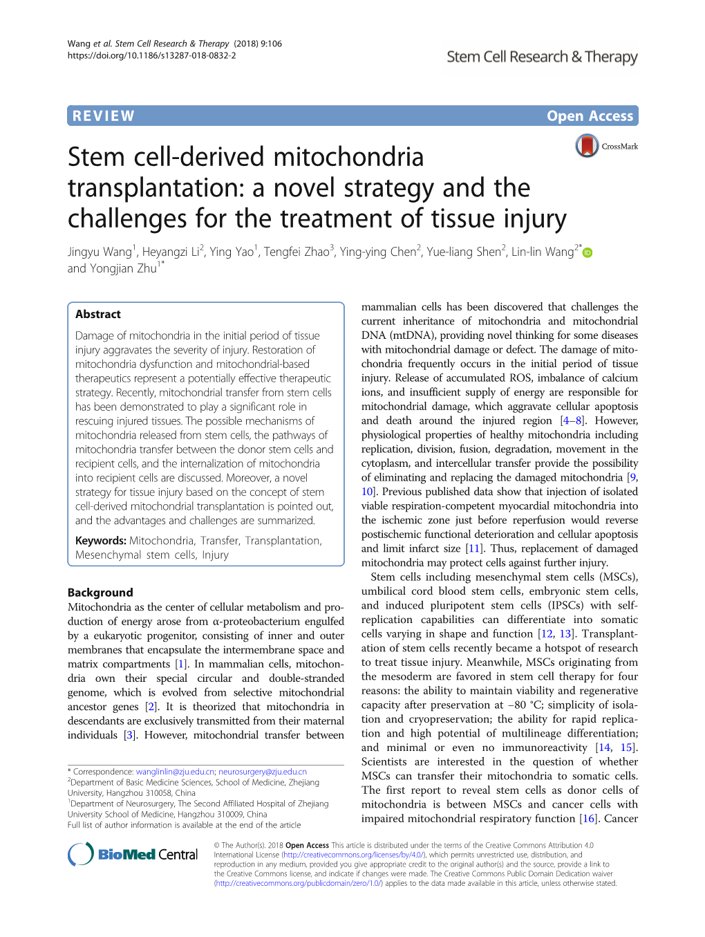 Stem Cell-Derived Mitochondria Transplantation: a Novel Strategy and the Challenges for the Treatment of Tissue Injury