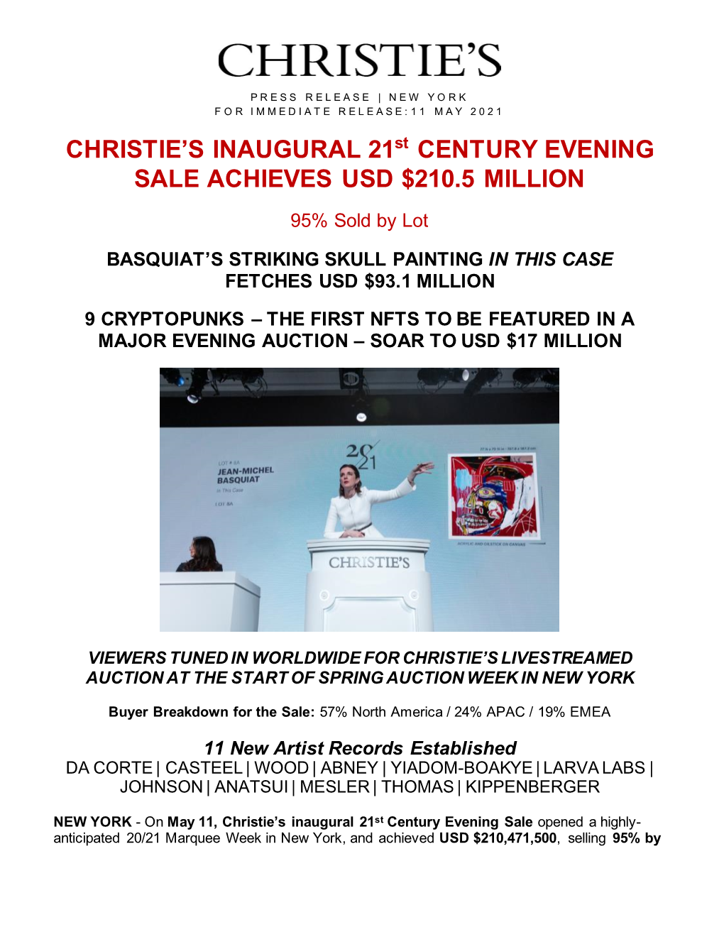 CHRISTIE's INAUGURAL 21St CENTURY EVENING SALE ACHIEVES USD $210.5 MILLION