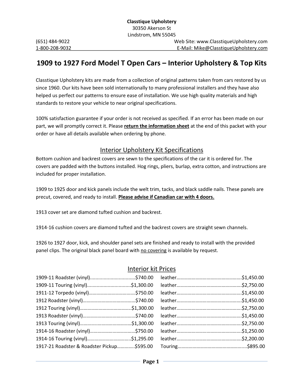 1909 to 1927 Ford Model T Open Cars – Interior Upholstery & Top Kits