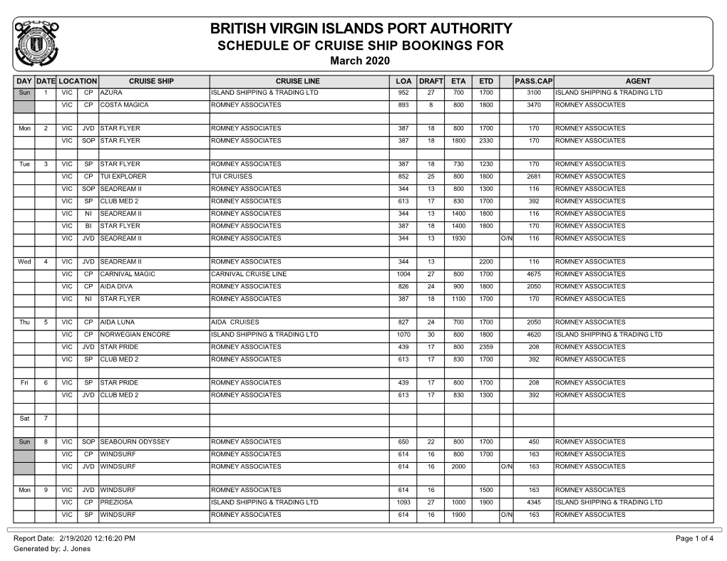 SCHEDULE of CRUISE SHIP BOOKINGS for March 2020
