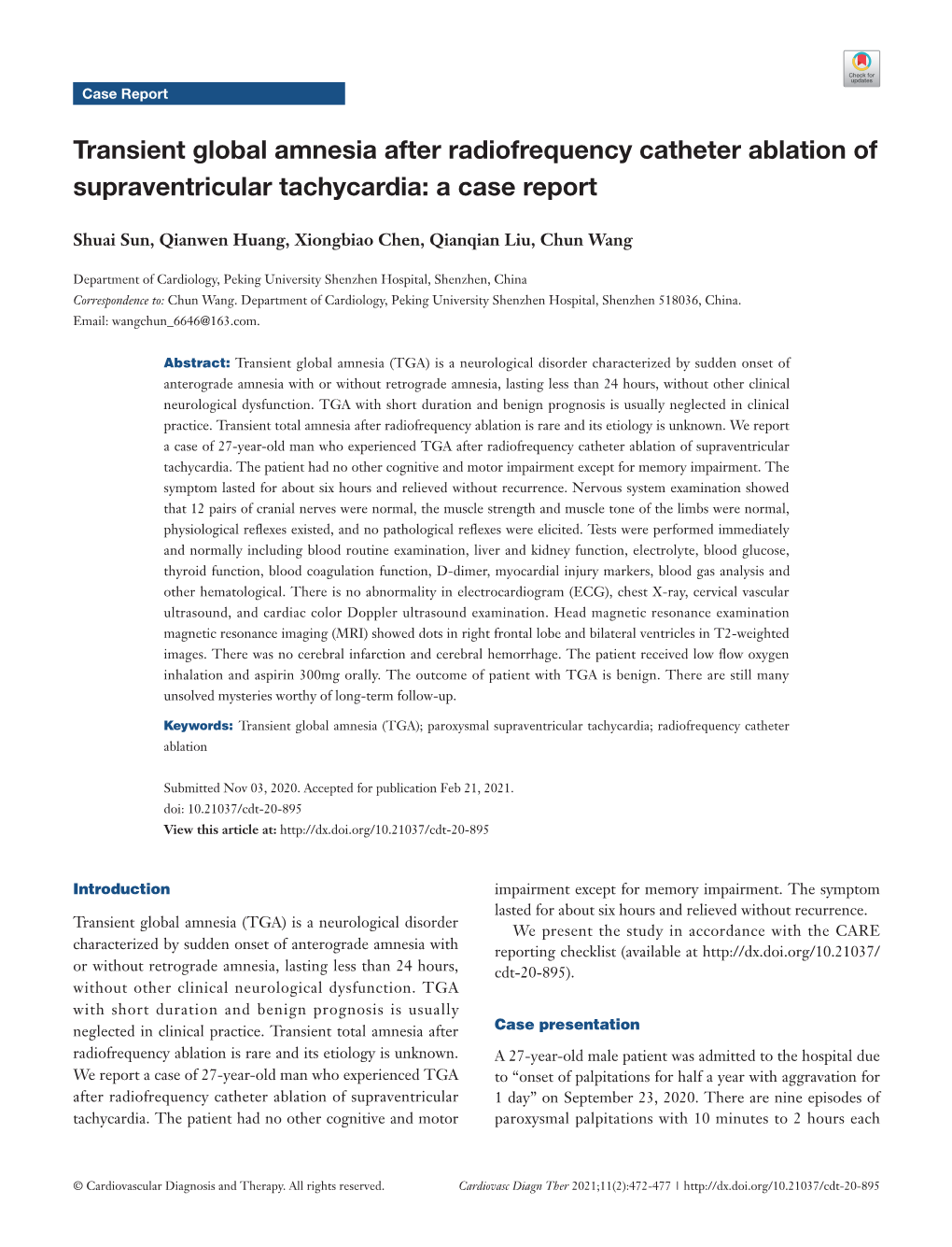 Transient Global Amnesia After Radiofrequency Catheter Ablation of Supraventricular Tachycardia: a Case Report