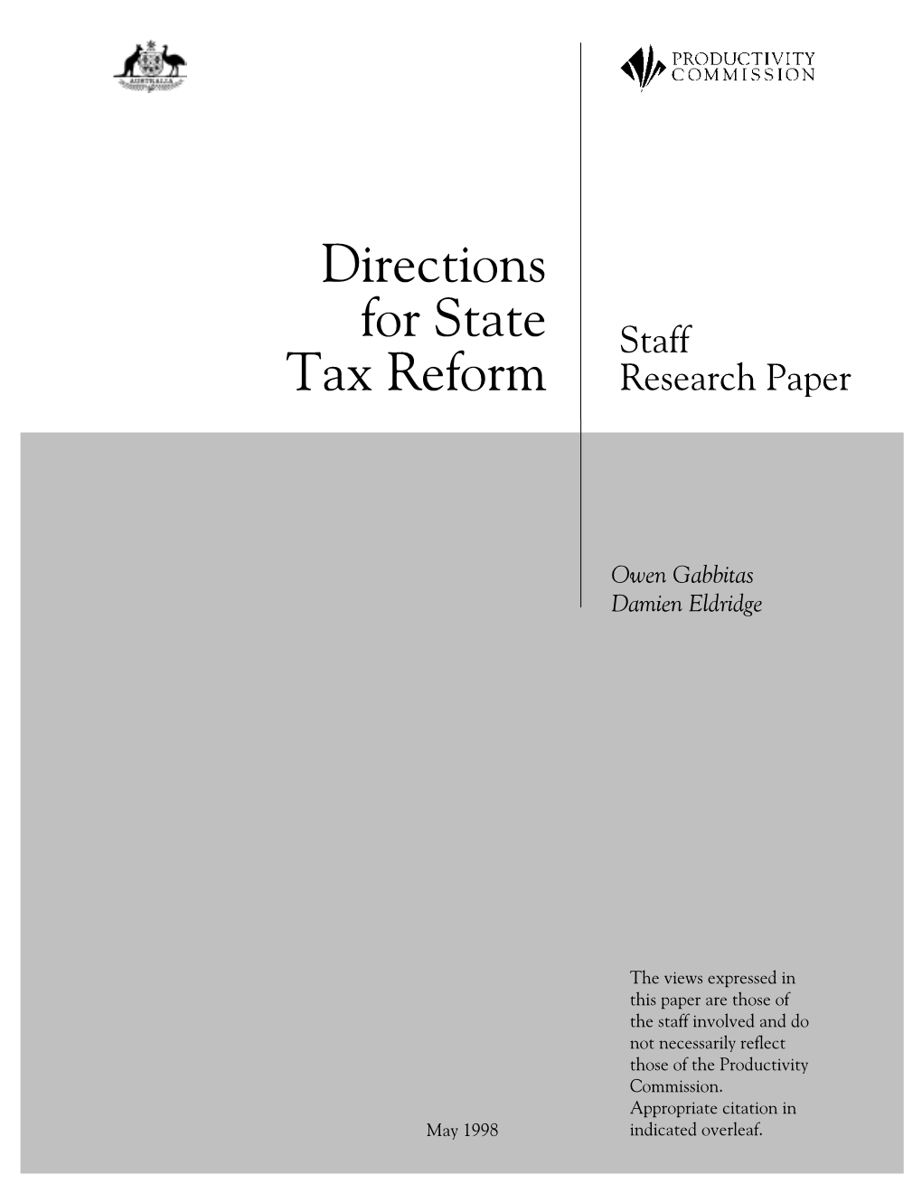 Directions for State Tax Reform, Productivity Commission Staff Research Paper, Ausinfo, Canberra, May