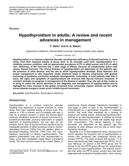 Hypothyroidism in Adults: a Review and Recent Advances in Management
