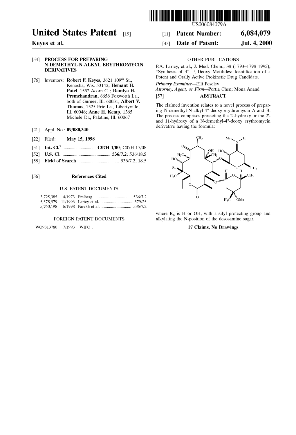 United States Patent (19) 11 Patent Number: 6,084,079