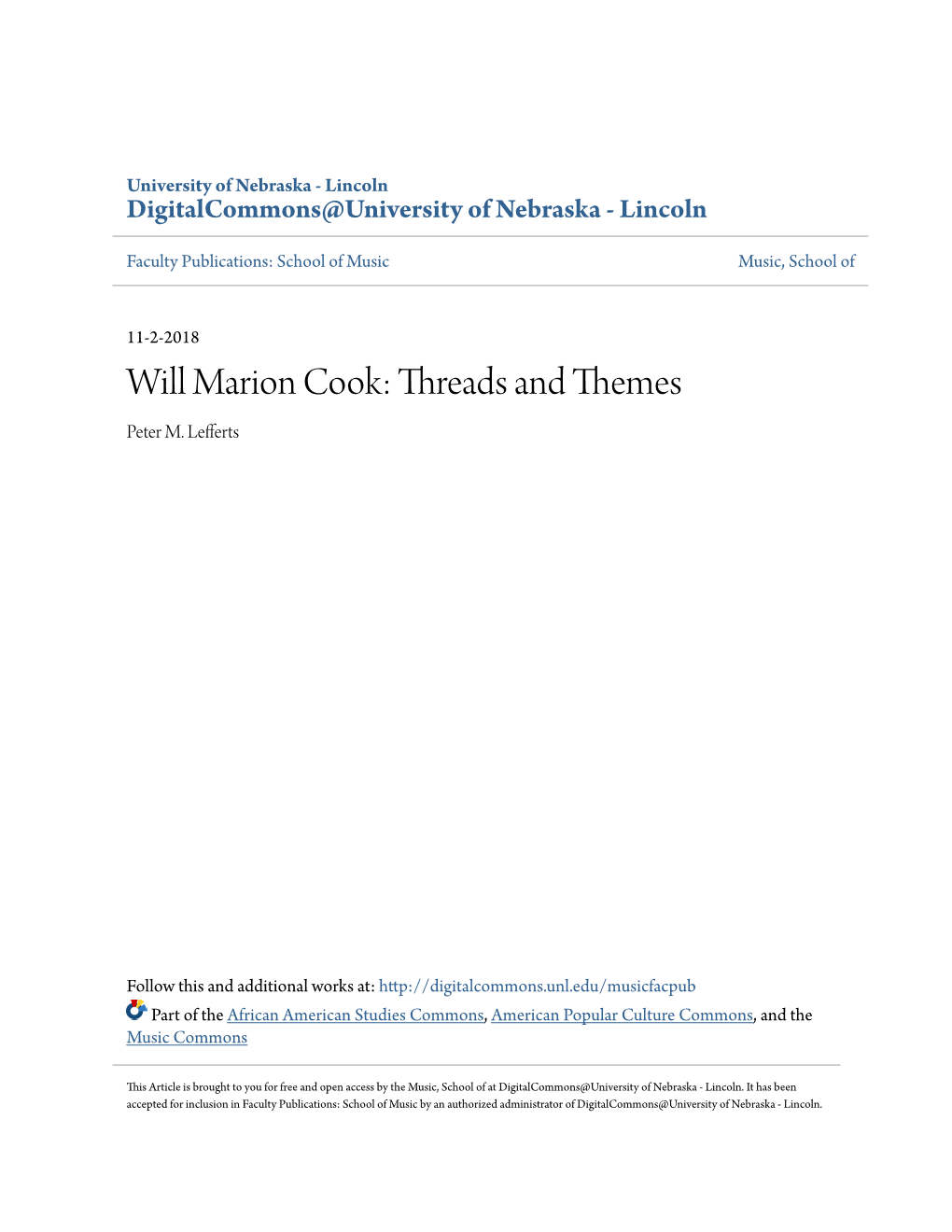 Will Marion Cook: Threads and Themes Peter M