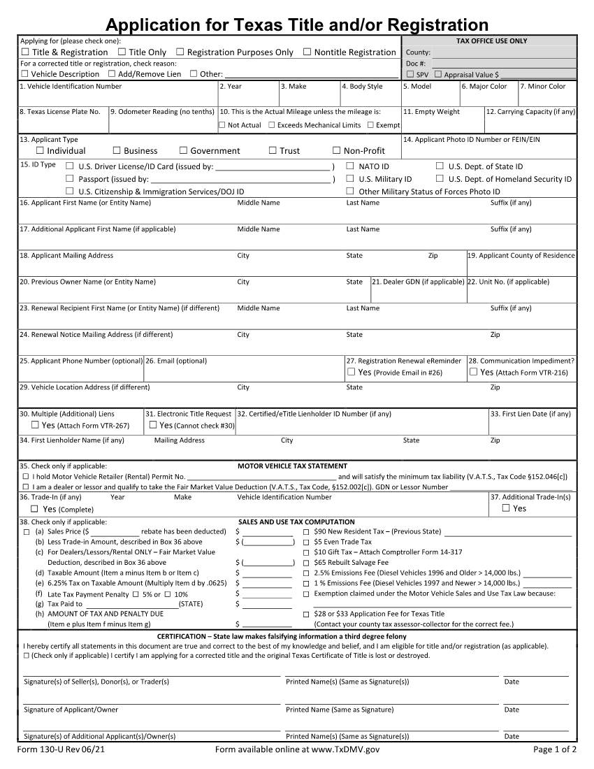 Application for Texas Title And/Or Registration (Form 130-U)