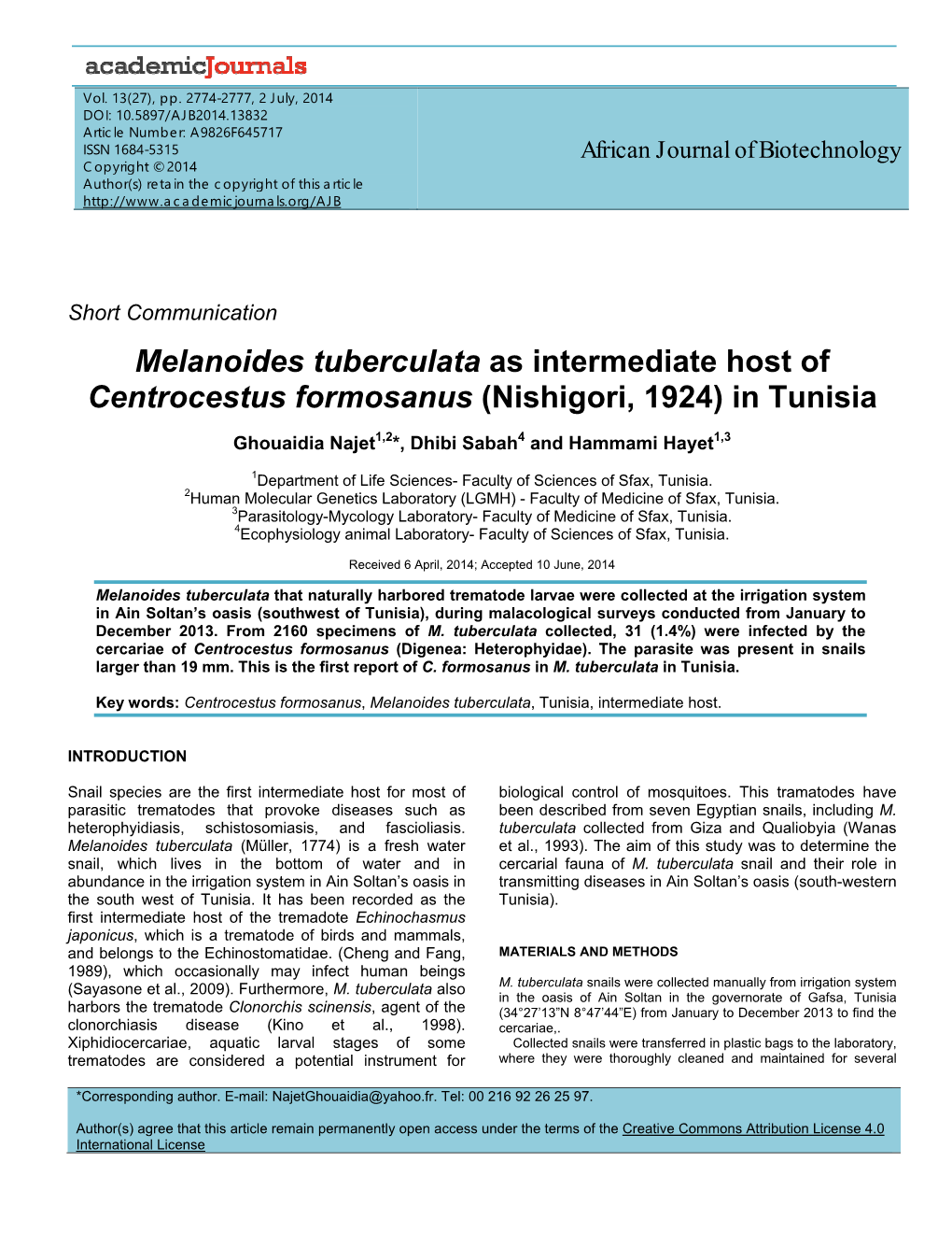 Melanoides Tuberculata As Intermediate Host of Centrocestus Formosanus (Nishigori, 1924) in Tunisia