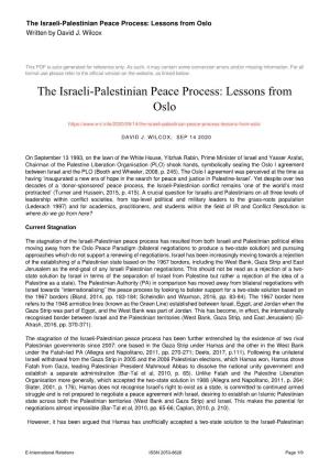 The Israeli-Palestinian Peace Process: Lessons from Oslo Written by David J