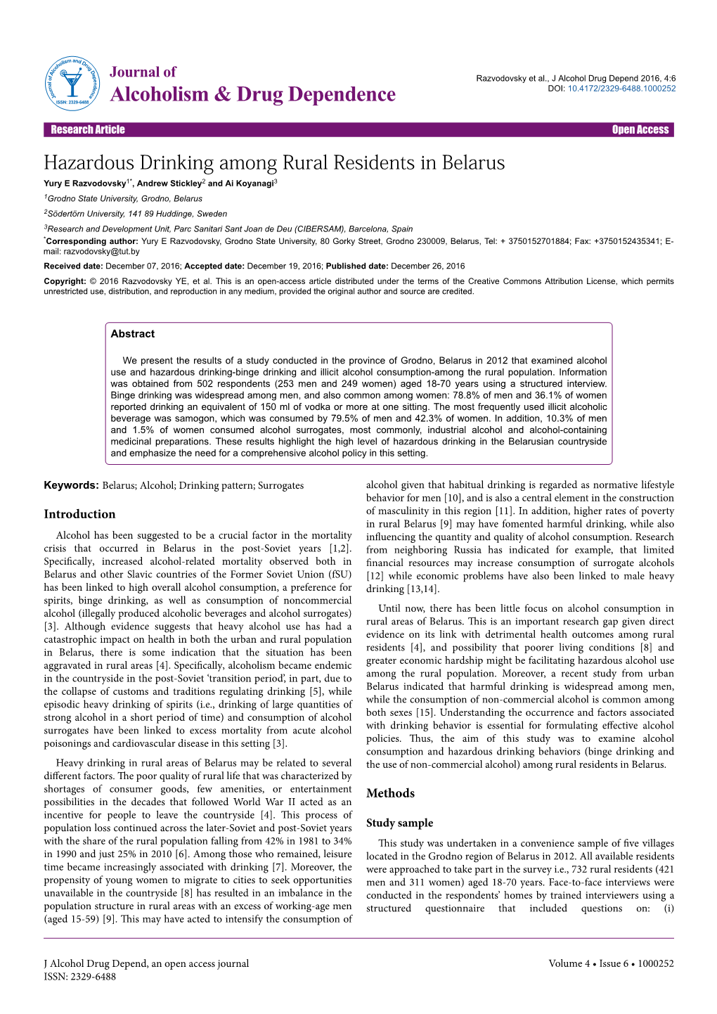 Hazardous Drinking Among Rural Residents in Belarus