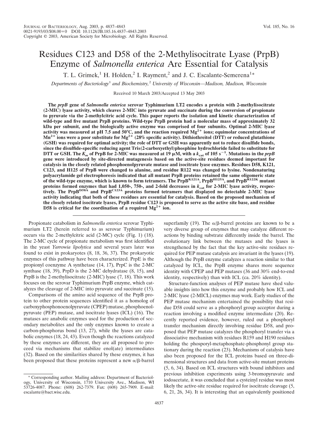 Salmonella Enterica Are Essential for Catalysis T