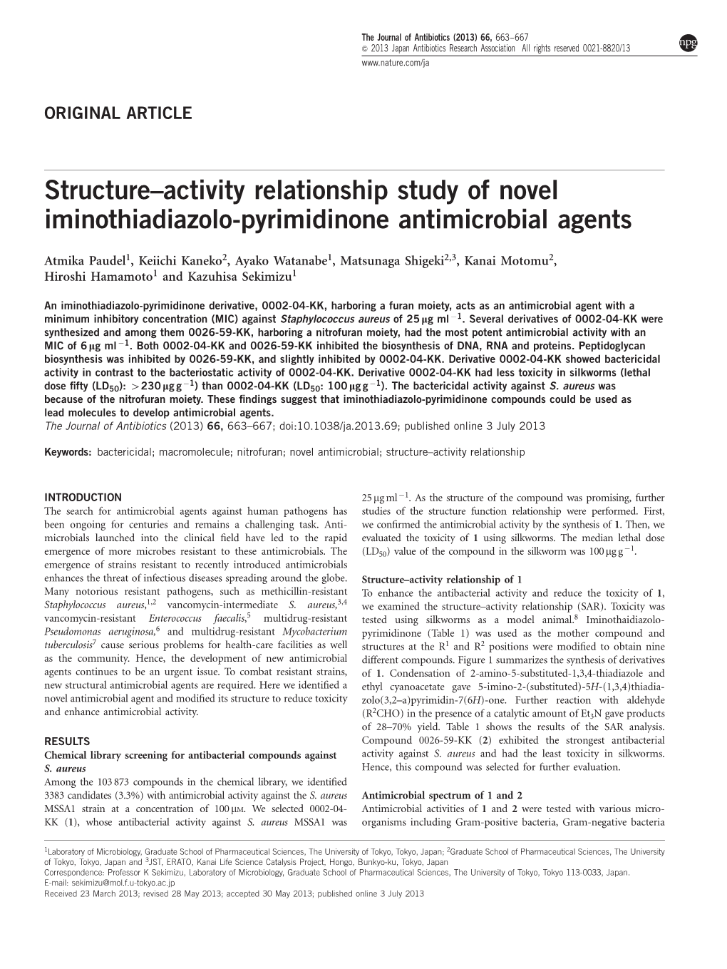 Activity Relationship Study of Novel Iminothiadiazolo-Pyrimidinone Antimicrobial Agents