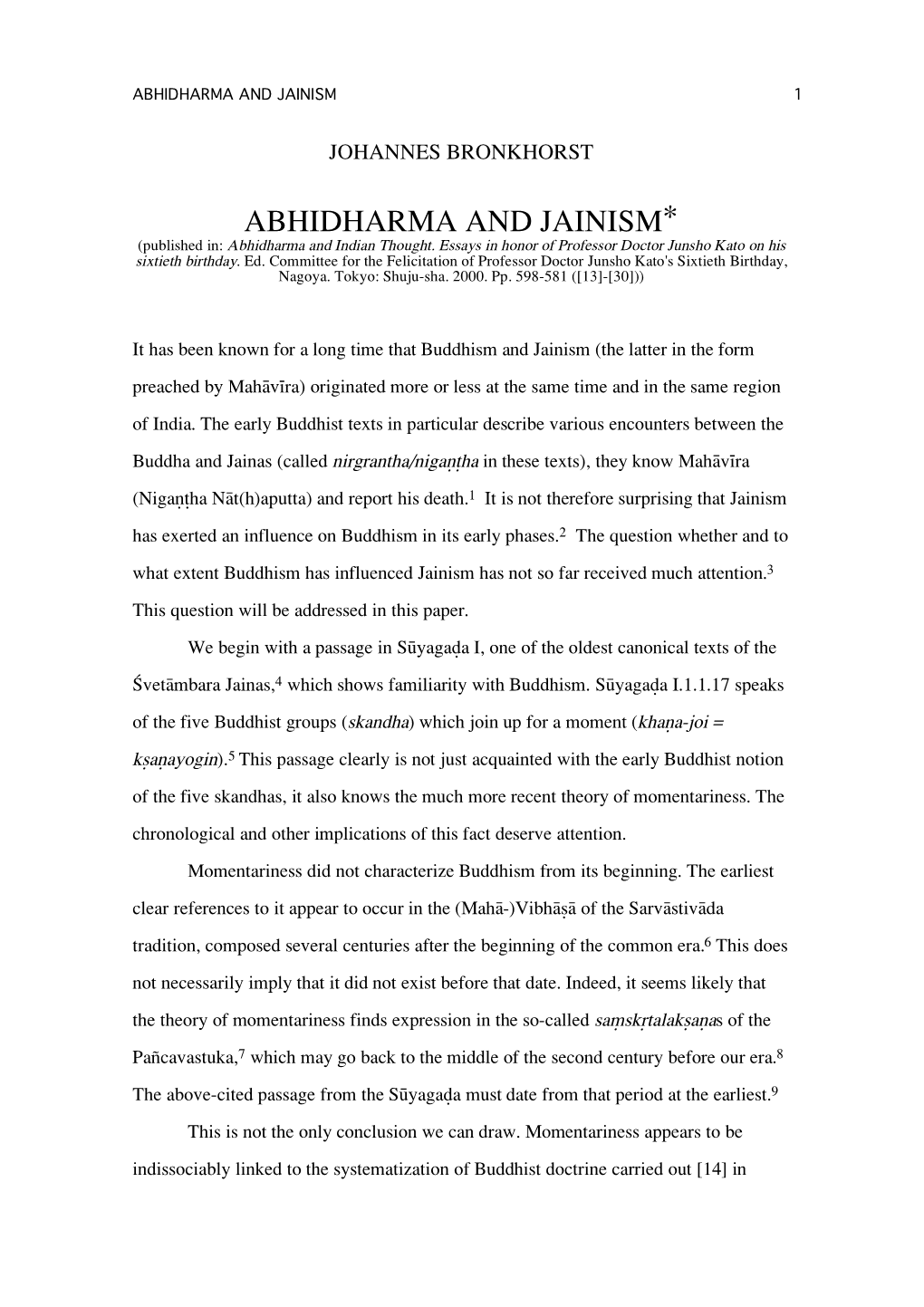 ABHIDHARMA and JAINISM* (Published In: Abhidharma and Indian Thought