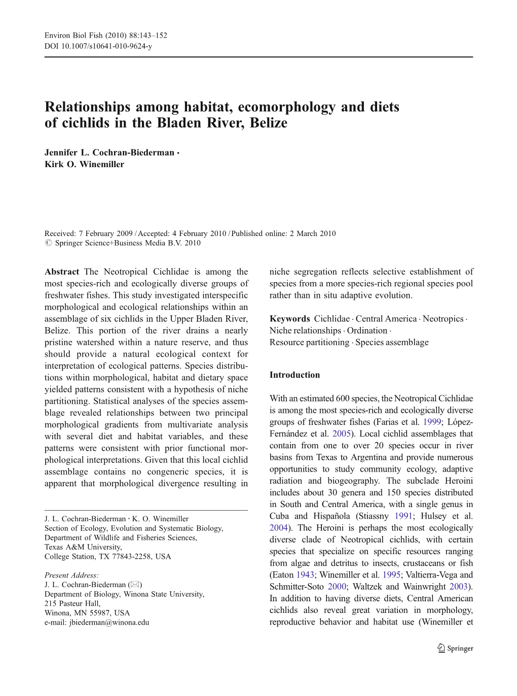 Relationships Among Habitat, Ecomorphology and Diets of Cichlids in the Bladen River, Belize