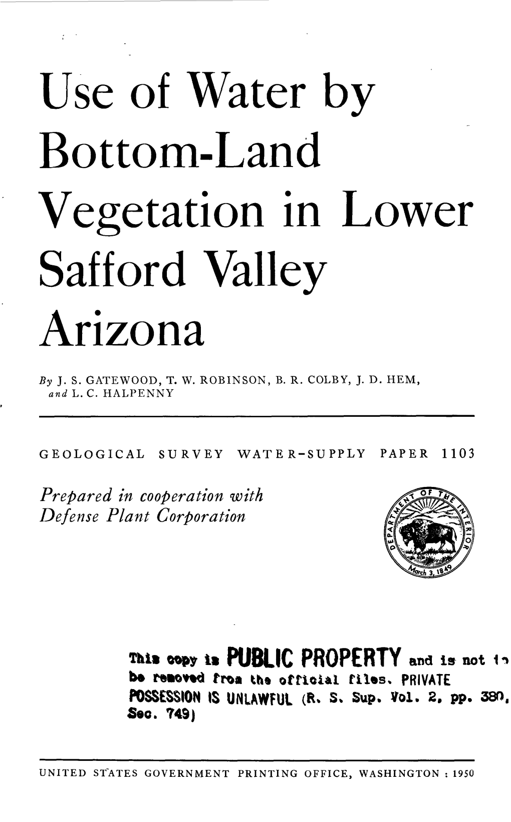 Use of Water by Bottom-Land Vegetation in Lower Safford Valley Arizona
