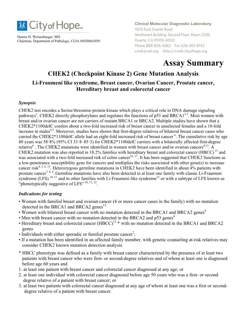 CHEK2 Gene Mutation Analysis Assay Summary