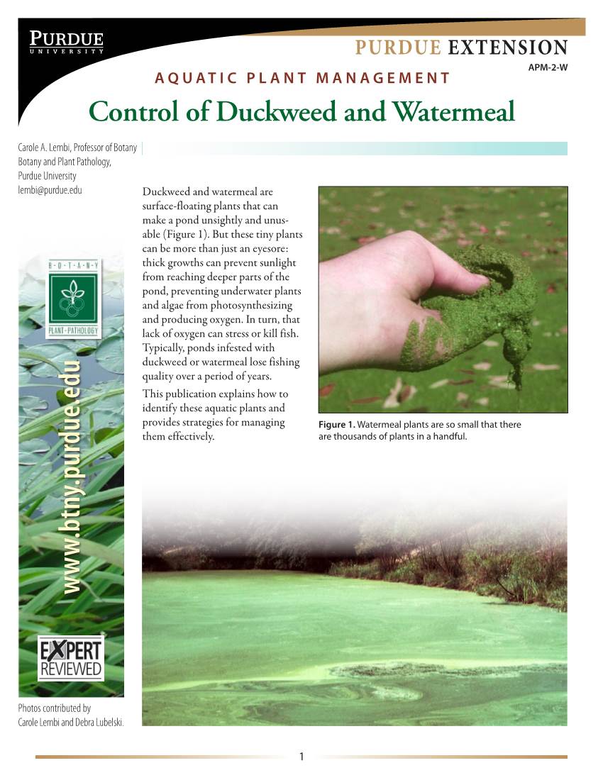 Control of Duckweed and Watermeal Purdue Extension Purdue Extension APM-2-W Aquatic Plant Management Control of Duckweed and Watermeal