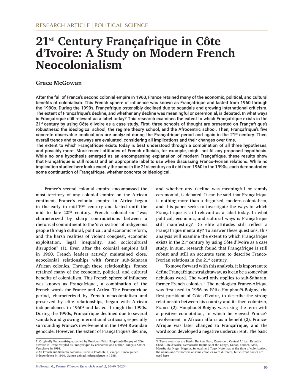 21St Century Françafrique in Côte D'ivoire: a Study on Modern French Neocolonialism